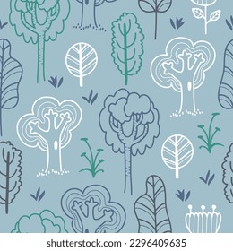 Hand drawn vector seamless pattern with doodle line forest trees, childish style in baby blue color