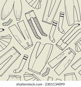 Hand drawn vector seamless pattern with different bottom outwear clothes, stockings and socks