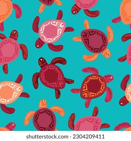 Hand drawn vector seamless pattern with colorful cute little turtles, summer vacation vibes