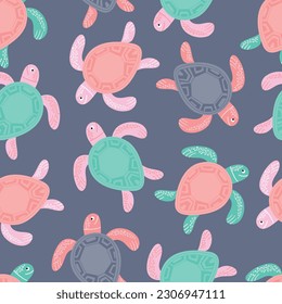Hand drawn vector seamless pattern with pastel color cute little turtles
