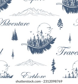 Hand drawn vector seamless pattern with forest trees silhouette, mountains and lettering. Wanderlust. Outdoors adventure. Travel. Explore. Have editable layer with isolated elements