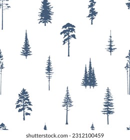 Hand drawn vector seamless pattern with forest trees silhouette. Pine trees. Wanderlust. Outdoors adventure. Nature. Have editable layer with isolated elements