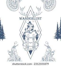 Hand drawn vector seamless pattern with forest trees silhouette, motorcycle, travel bag and lettering. Wanderlust. Outdoors adventure. Travel. Explore. Have editable layer with isolated elements