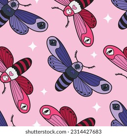 Hand drawn vector seamless pattern with colorful magic moths