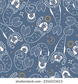 Hand drawn vector seamless pattern with cute folk art mermaids in line doodle style