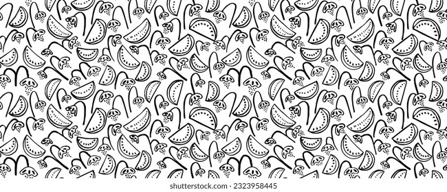 Patrón sin fisuras del vector dibujado a mano con rodajas de sandía. Ilustración tropical de frutas de verano en colores blanco y negro.