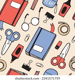 Hand drawn vector seamless pattern with school, college or office stationery objects