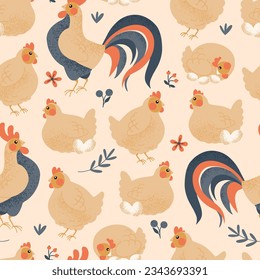 Hand drawn vector seamless pattern with cute chickens