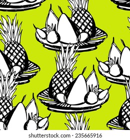 Hand drawn vector seamless pattern with still life with pineapple. Yellow background.