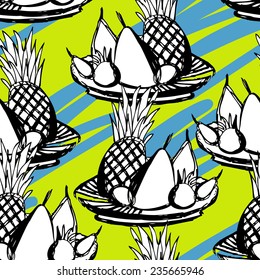 Hand drawn vector seamless pattern with still life with pineapple. Colorful background.