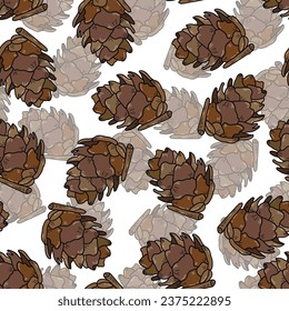 Hand drawn vector seamless pattern with pine cones