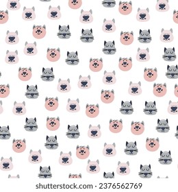 Hand drawn vector seamless pattern of funny cartoon kittens