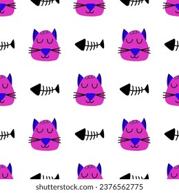 Hand drawn vector seamless pattern of funny cartoon kittens, fish, fish bone