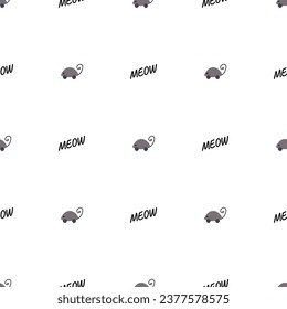 Hand drawn vector seamless pattern of funny cartoon mouse toy and meow