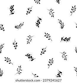 Hand drawn vector seamless pattern with floral elements. Vector pattern with leaves, twigs, branches, berries, grass. Black and white.