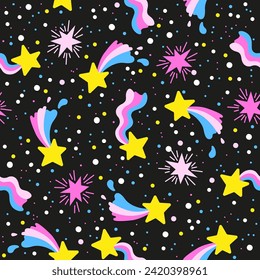 Hand drawn vector seamless pattern of neon stars and meteorites on black night sky. Stylized other space in neon pink and purple colors on a black background