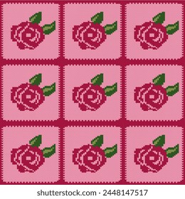 Hand drawn vector seamless pattern of knitting texture for the background of the postcards, invitations, wallpapers, banners and fabric pattern. Red rose.