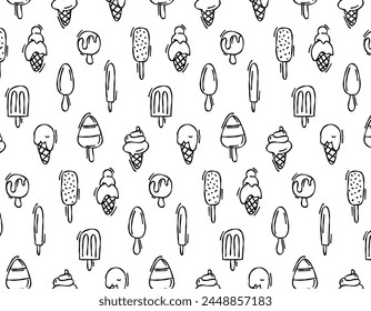 Hand drawn vector seamless pattern of ice cream on a white background. Design elements in sketch style. Summer pattern. Ideal for menus, flyers, posters, prints, packaging.