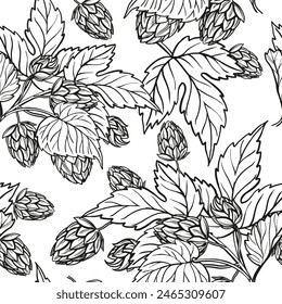 Hand drawn vector seamless pattern with hop plant, leaves and buds, craft beer ingredients, black and white illustration of branch humulus lupulus, inked illustration isolated on white background