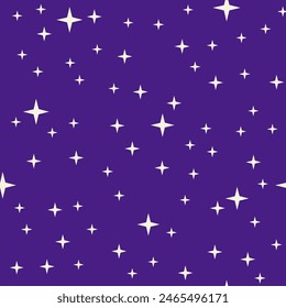 Hand drawn vector seamless pattern of stars on night sky. Stylized other space on a dark purple background