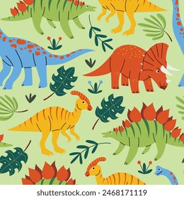 Hand drawn vector seamless pattern with different prehistoric dinosaurs and plants, adorable childish background