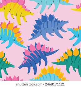 Hand drawn vector seamless pattern with bright and colorful dinosaurs in flat design, cute prehistoric animals