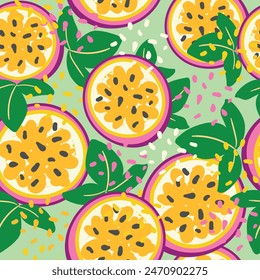 Hand drawn vector seamless pattern passion fruit. Print design for fashionable textile. Fruit trendy summer fabric.