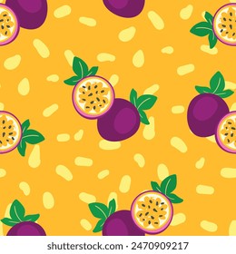 Hand drawn vector seamless pattern passion fruit. Print design for fashionable textile. Fruit trendy summer fabric.