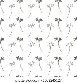 hand drawn vector seamless pattern with microgreens . Contour sprouts of watercress plant. Print for fabric, health food packaging, labels.