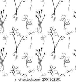 hand drawn vector seamless pattern with microgreens . Contour sprouts of watercress, mustard cress, onion and radish. Print for fabric, health food packaging, labels.