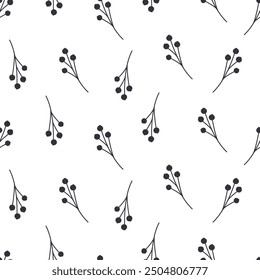 Hand drawn vector seamless pattern with floral elements. Vector pattern with leaves, twigs, branches, berries, grass. Black and white.