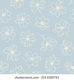Hand drawn vector seamless pattern with lovely magnolia flowers, buds and branches. Elegant floral background for prints. Line art flowers. Pattern with blooming magnolias. Vintage illustration