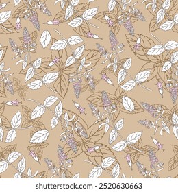 Hand drawn vector seamless pattern Mint leaves, peppermint buds isolated on brown background, spicy herb, kitchen  floral texture, Doodle cooking ingredient for design package tea, wallpaper, cosmetic