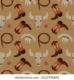 Hand drawn vector seamless pattern with cowboy wild west theme elements. Flat repeating background with  cowboy hat, boots, sheriff badge, bull head, lasso whip. For textile, print, card, flyer, paper