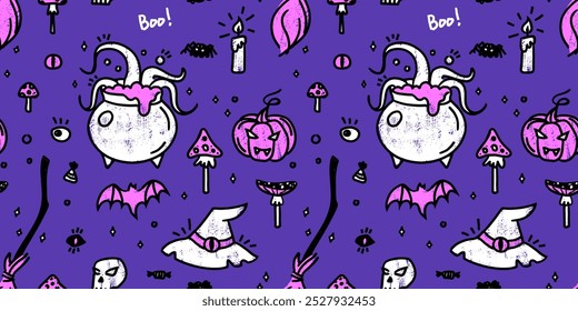 
Hand drawn vector seamless pattern. Illustration on the theme of the holiday Halloween. Witch surroundings.