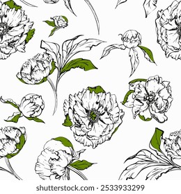 Hand drawn vector seamless pattern with peony flowers, buds and leaves. Isolated on white background. Design for wedding or greeting cards, invitations, wallpaper, print, textile, wrapping paper