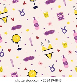 Handgezeichnetes, nahtloses Vektormuster mit Kosmetik und verschiedenen Pflegeprodukten im niedlichen Doodle-Stil. Lifestyle-Hintergrund. Pyjama-Party-Hintergrund