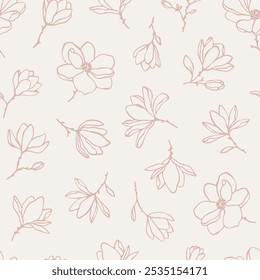 Hand drawn vector seamless pattern with magnolia flowers in pastel colors. Line art elegant botanical endless background for prints, wrapping paper, textile. Charming linear floral pattern