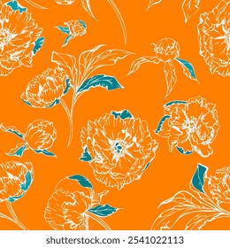 Hand drawn vector seamless pattern with peony flowers, buds and leaves. Isolated on white background. Design for wedding