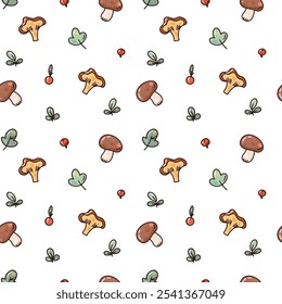 Hand drawn vector seamless pattern with autumn mushrooms and cute berries and leaves