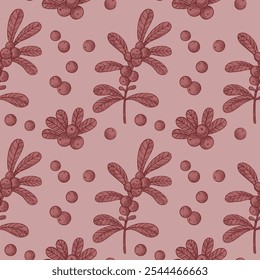 Hand drawn vector seamless pattern with Cranberry. Engraving repeating background with northern cranberry plant, berries, branch, fruits. Floral motif for design label, card, print, wrapping, paper