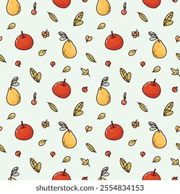 Hand drawn vector seamless pattern with bright fruits and berries