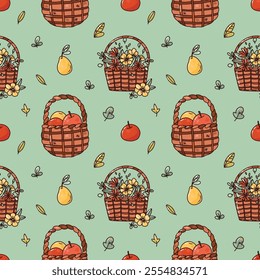 Hand drawn vector seamless pattern with bright basket with fruit and cute flowers