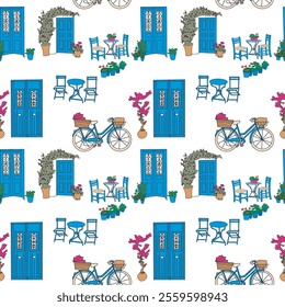 hand drawn vector seamless pattern with city buildings and houses.