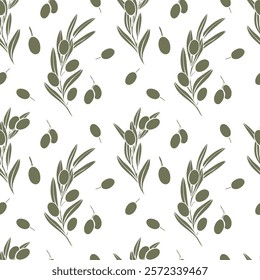 hand drawn vector seamless pattern with olive branches silhouette with fruits and leaves. Minimalist style in olive green color. Perfect for textile, packaging, menu, prints, backgrounds