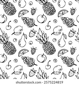 Hand drawn vector seamless pattern with fruits. pineapple, lemon, pear, cherry and grapes in whimsical line art style. Monochrome illustration for menu, prints, packaging, posters, and invitations