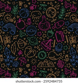 Hand drawn vector seamless pattern of summer and holiday doodle elements. Beach and warm weather related sketch objects