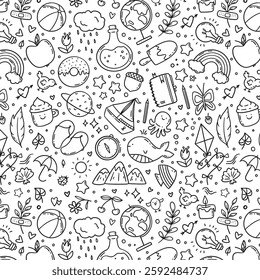 Hand drawn vector seamless pattern of summer and holiday doodle elements. Beach and warm weather related sketch objects
