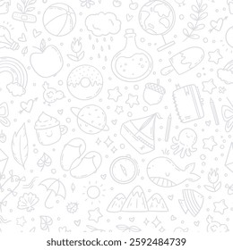 Hand drawn vector seamless pattern of summer and holiday doodle elements. Beach and warm weather related sketch objects