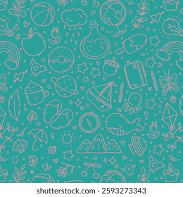 Hand drawn vector seamless pattern of summer and holiday doodle elements. Beach and warm weather related sketch objects
